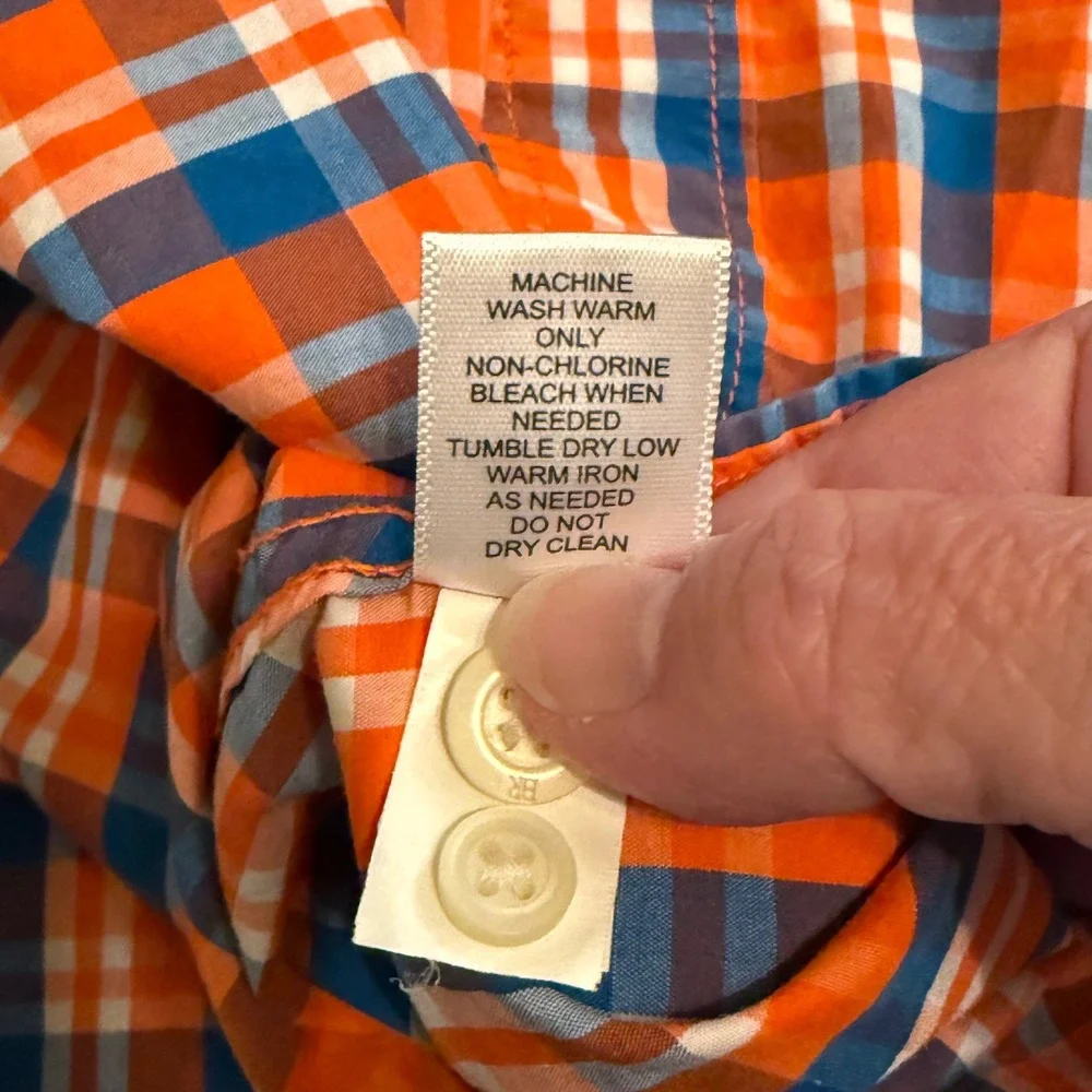 Banana Republic Mens Soft Wash Tailored Slim Fit Plaid Shirt Orange Blue L